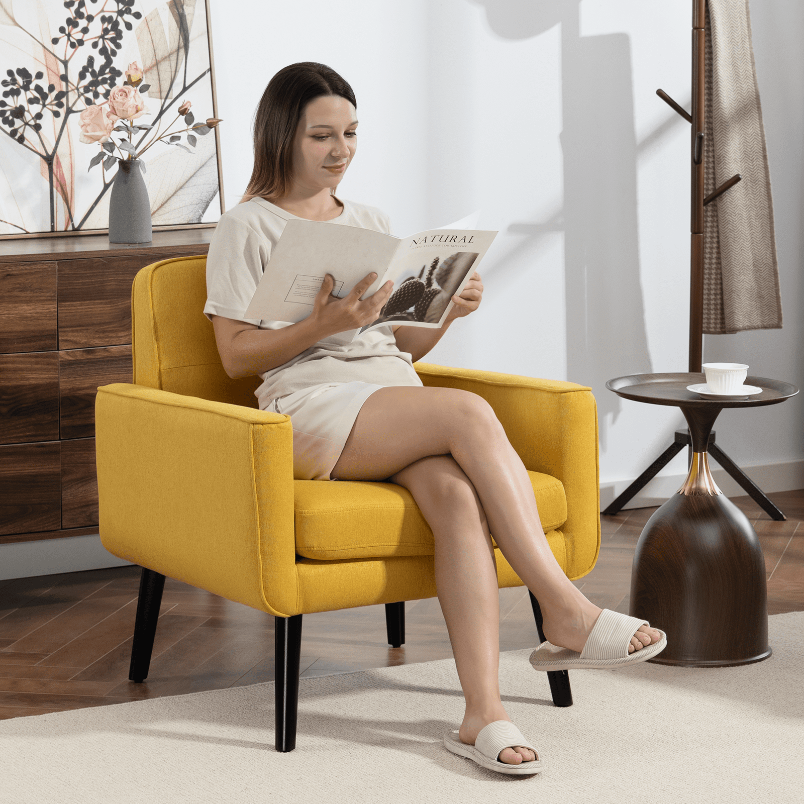 Mid-Century Modern Accent Chairs Set of 2 Upholstered Fabric Armchairs with Button Tufted Back and Solid Wood Legs, Cozy Side Chairs for Living Room, Bedroom, Office, or Cafe (Yellow)