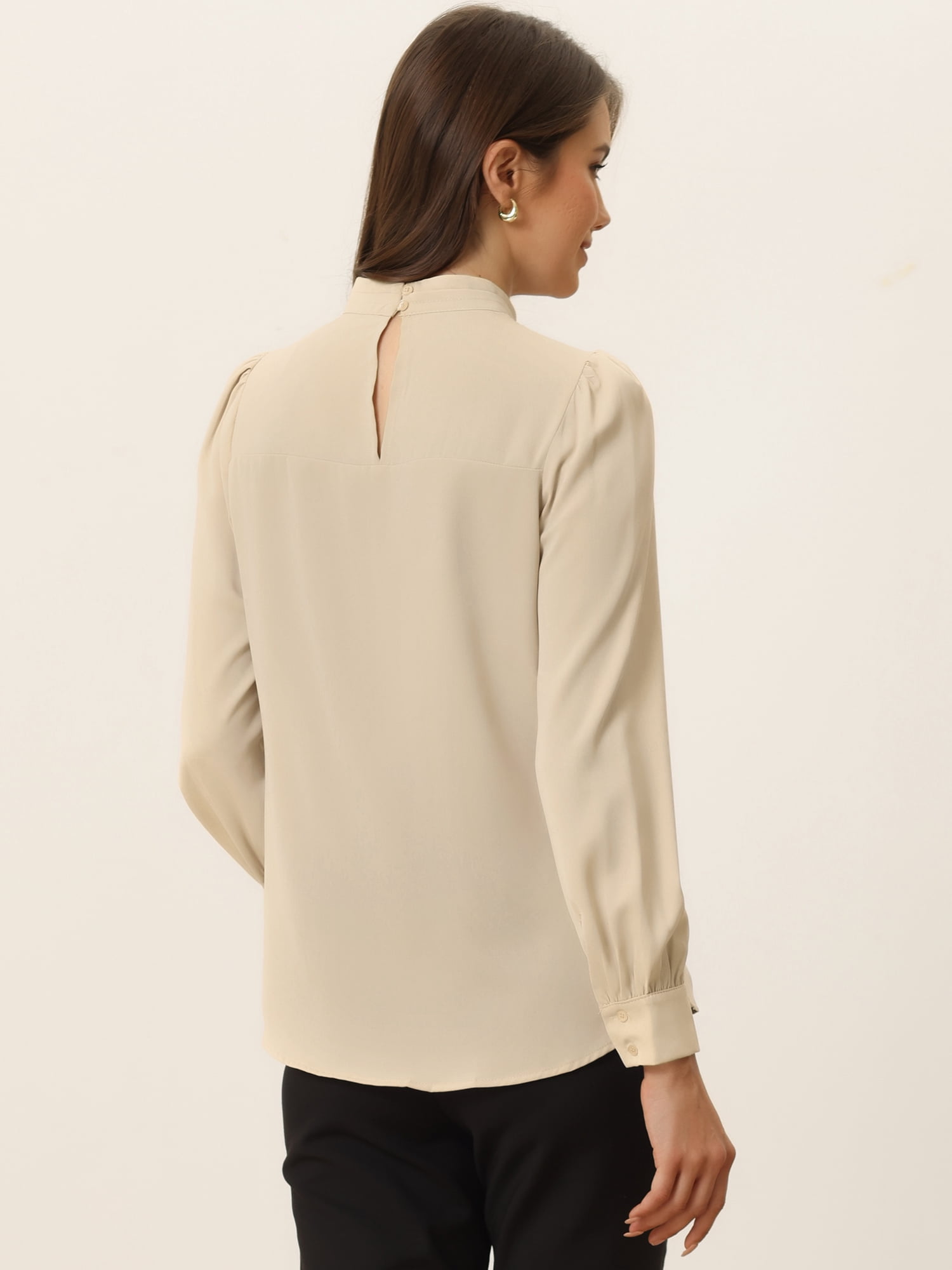 DARING DIVA Women's Stand Collar Long Sleeve Office Blouse M Khaki