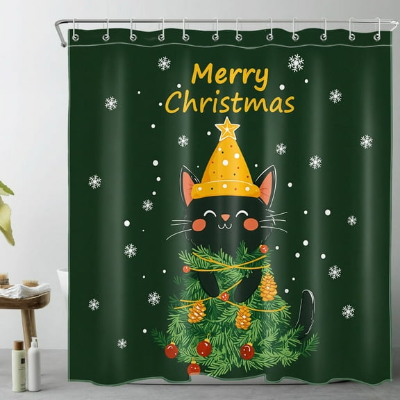 HVEST Green Christmas Cat Shower Curtain with Cute Cat and Pine Tree Snowflake Design - Merry Christmas Bathroom Decor, Waterproof Polyester Fabric, Includes 12 Hooks, 72x72 Inches