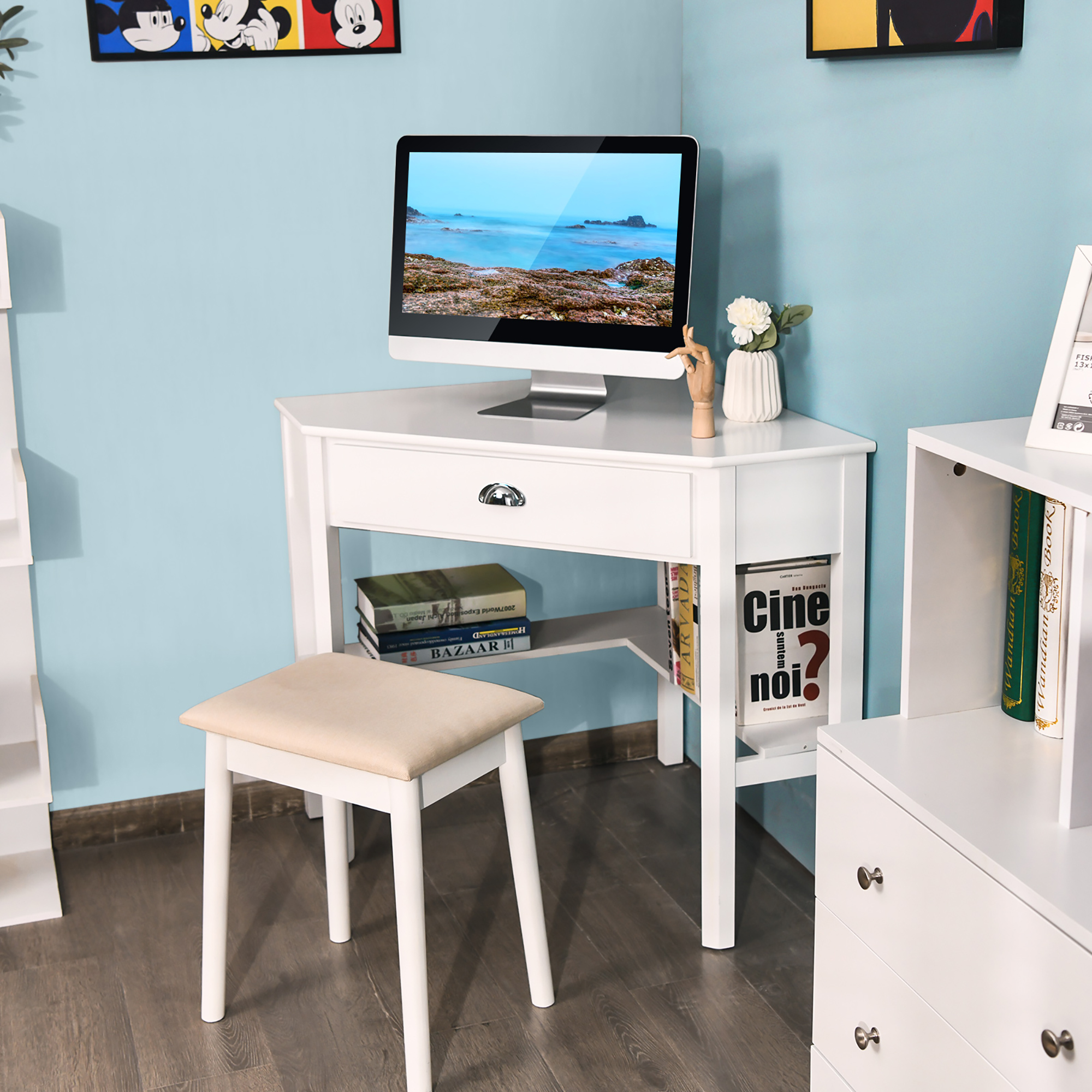 Costway Triangle Computer Desk Corner Office Desk Laptop Table w/ Drawer Shelves Rustic White - image 4 of 10