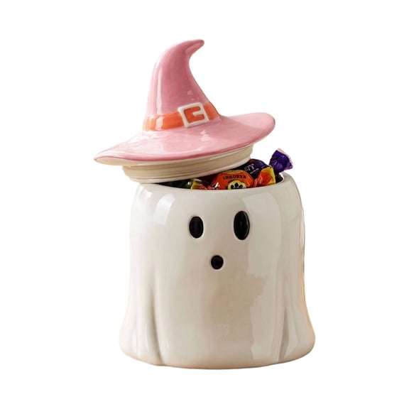 Coollooc Strawberry Street Witchy Ghost Canister, 8 Inch Halloween Ceramic Ghost Candy Bowl with Lid, Halloween Decoration for Home Table Bedroom