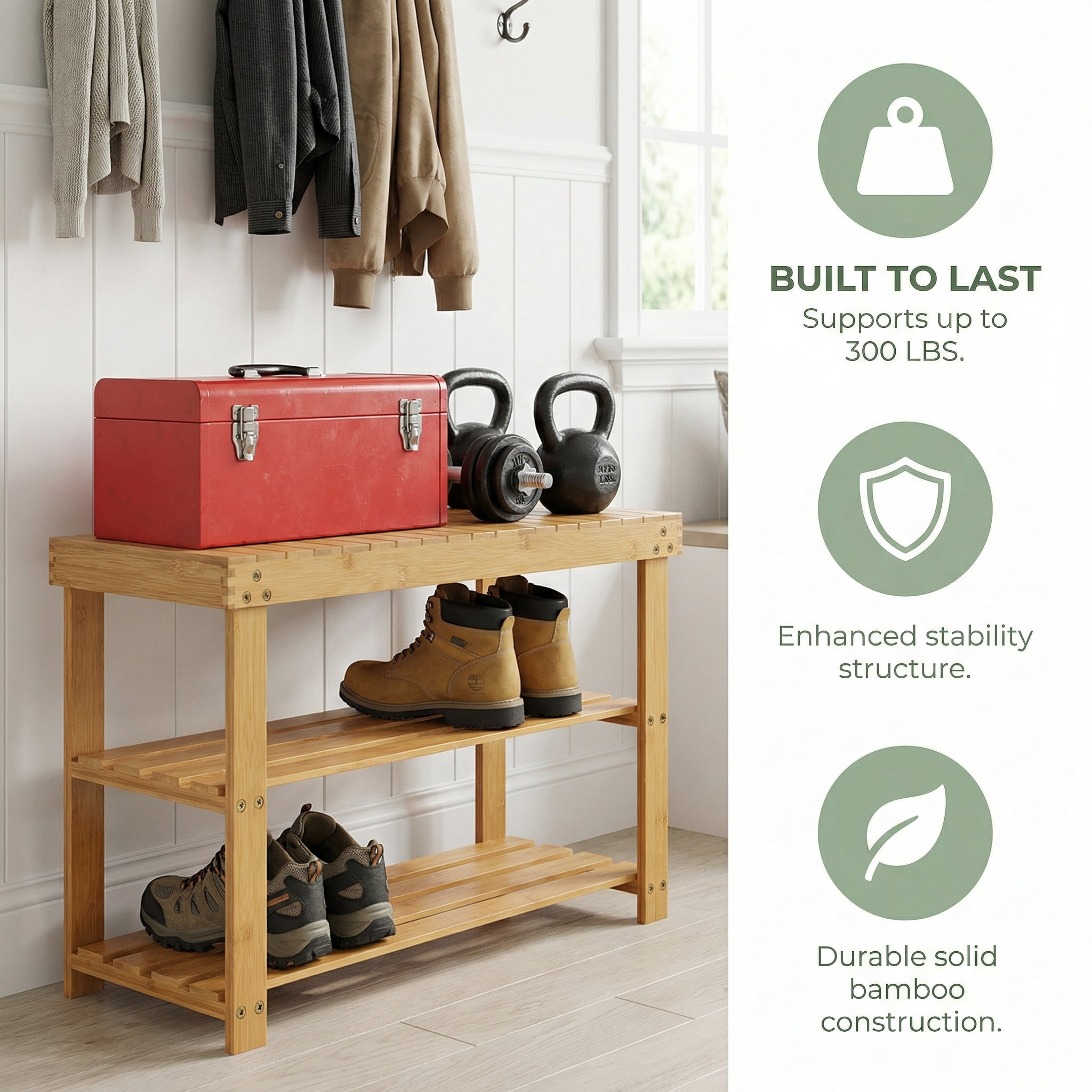 CHITOOMA 3 Tier Bamboo Shoe Storage Bench for Entryway, Wood Hallway Shoe Rack Shoe Organizer Shelf for Living Room Bedroom, Natural