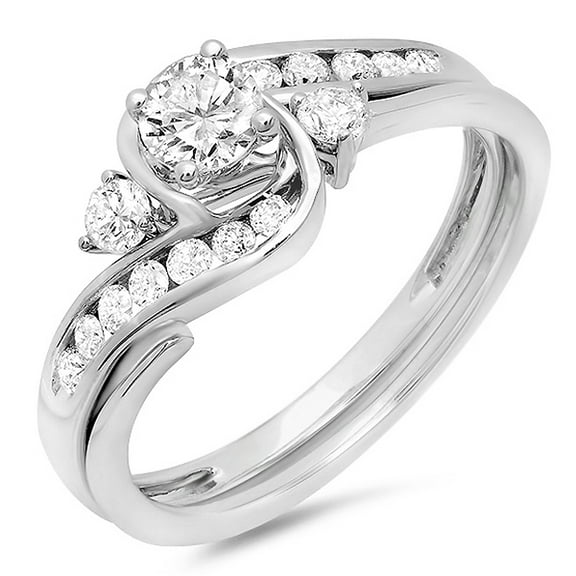 Dazzlingrock Collection 0.75 Carat (ctw) 18K Round Cut Diamond Ladies Swirl Bridal Engagement Ring With Matching Band Set 3/4 CT, White Gold, Size 7