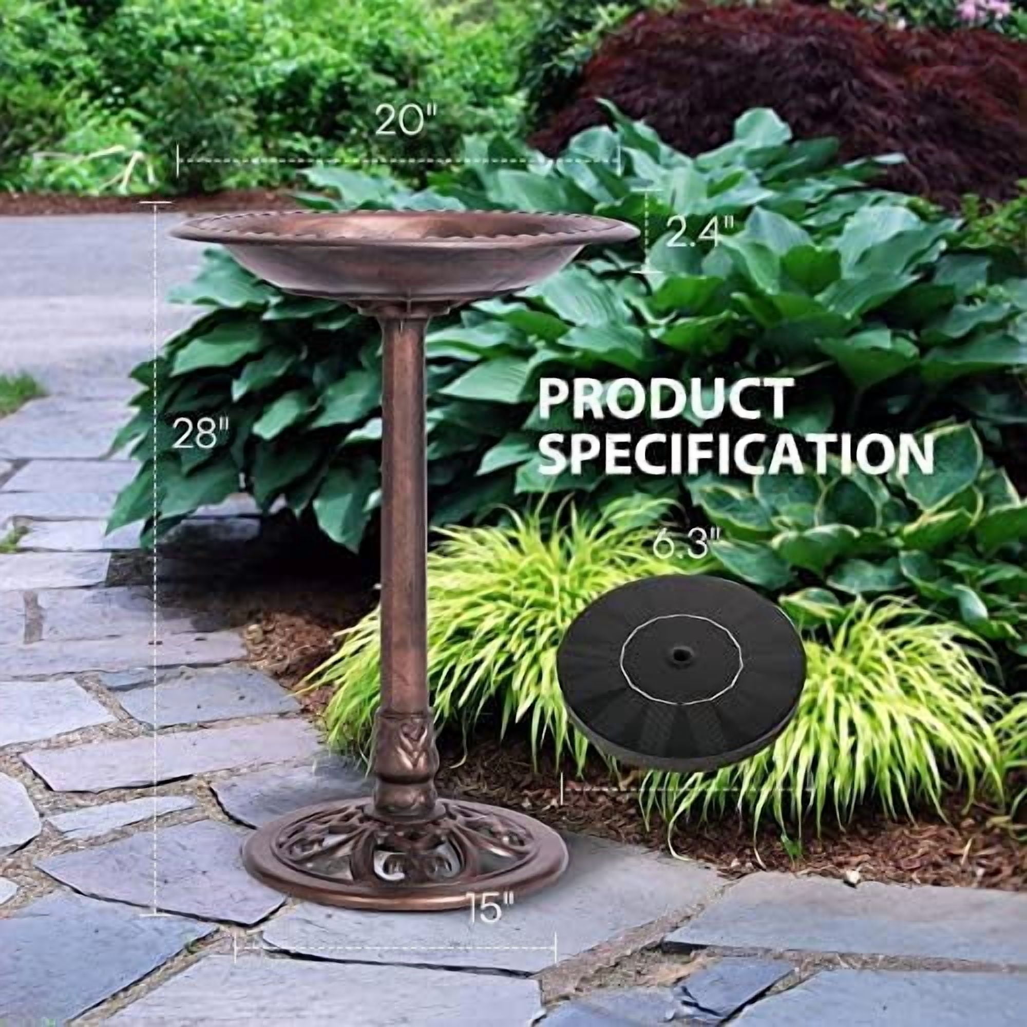 Jointown Bird Bath with Solar Fountain for Outside, Polyresin Pedestal Bird Baths with Solar Powered Pump for Outdoor, Garden, Weather-Resistant Birdbaths with 20" Bowl, Bronze