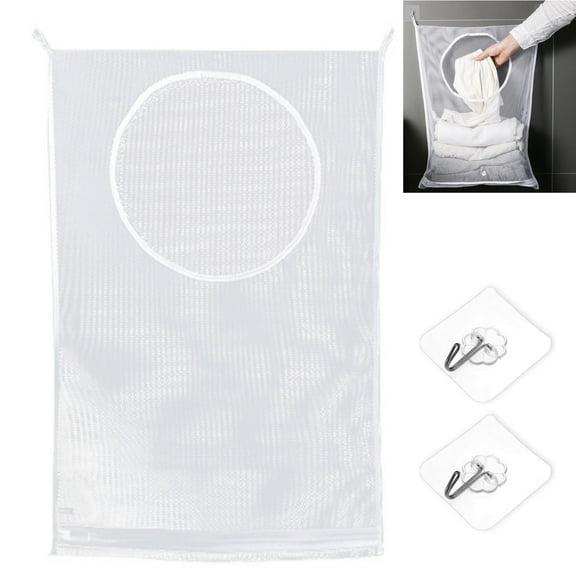 Door-Hanging Mesh Laundry Hamper Bag,Portable Laundry Bag,Large Foldable Wall Hanging Laundry Basket with 2 Q Hooks,Dirty Clothes Hamper for Dormitory College Apartment RV,29 x 19 Inch,White