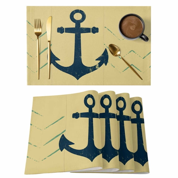 Anchor Coastal Placemats Set of 6, Nautical Navy Blue Beige Ocean Placemats for Dining Table, Place Mats for Kitchen Tabletop, Waterproof Wipeable Dining Table Mats Set