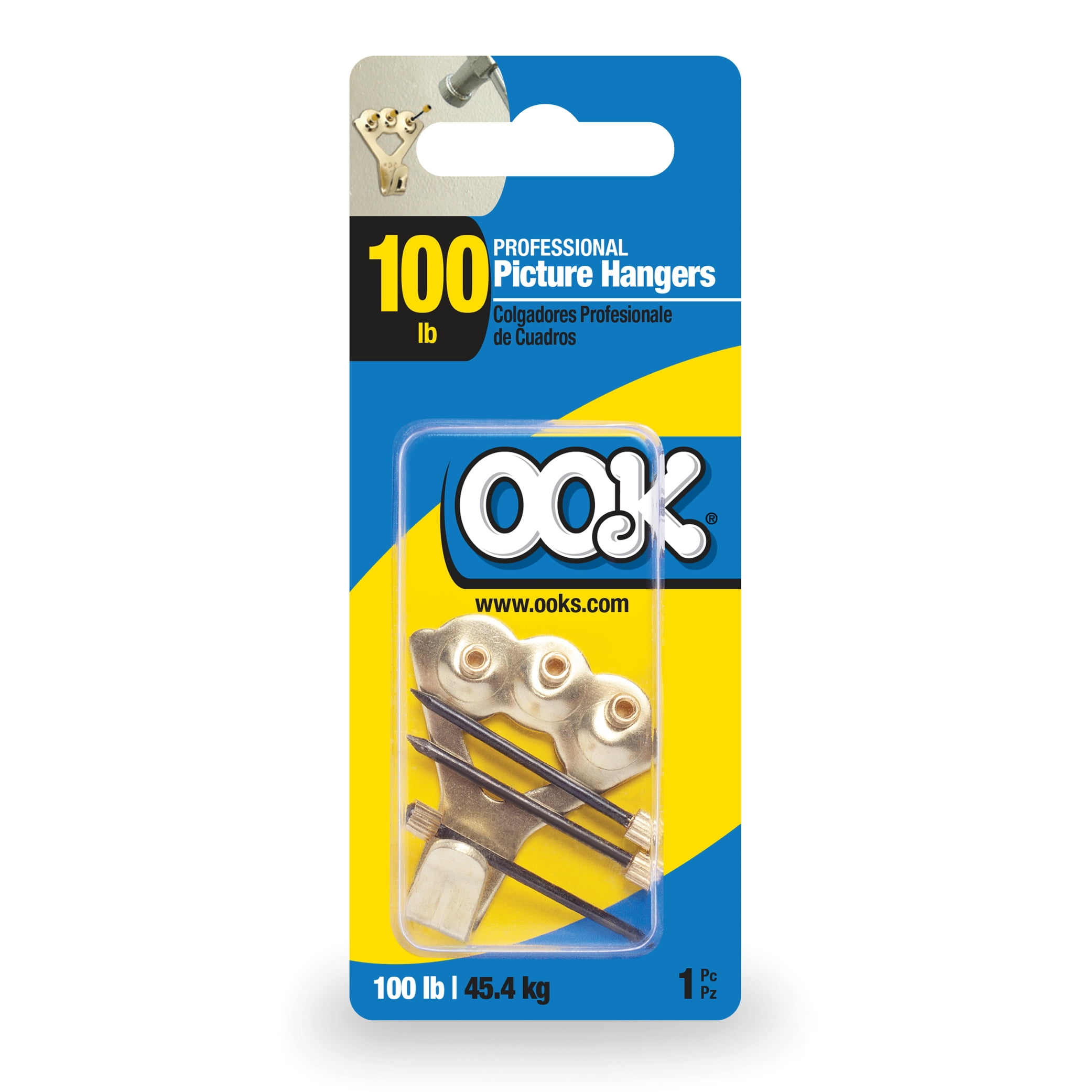 (3 pack) Ook Professional Picture Hangers, 100 lbs, Steel, for Drywall Plaster Wood, Brass, Gold, 1 pack