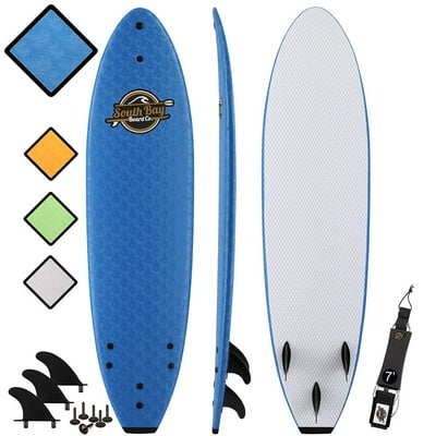 South Bay Board Co. 7 Blue Ruccus Soft Top Surfboard Leash Fins