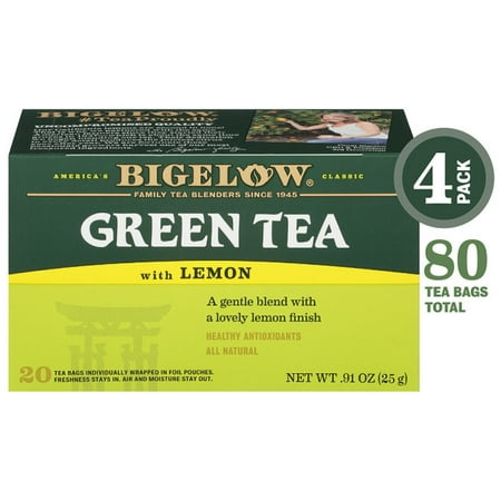 Bigelow Green Tea with Lemon, Tea Bags, 20 Ct (4 Boxes)
