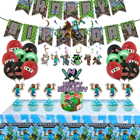 37 Pcs Pixel Birthday Decorations, Party Decorations, Birthday Party Supplies, Banner, Balloons, Tablecloth, Cupcake Toppers, Large Cake Decorations, Hanging Swirls