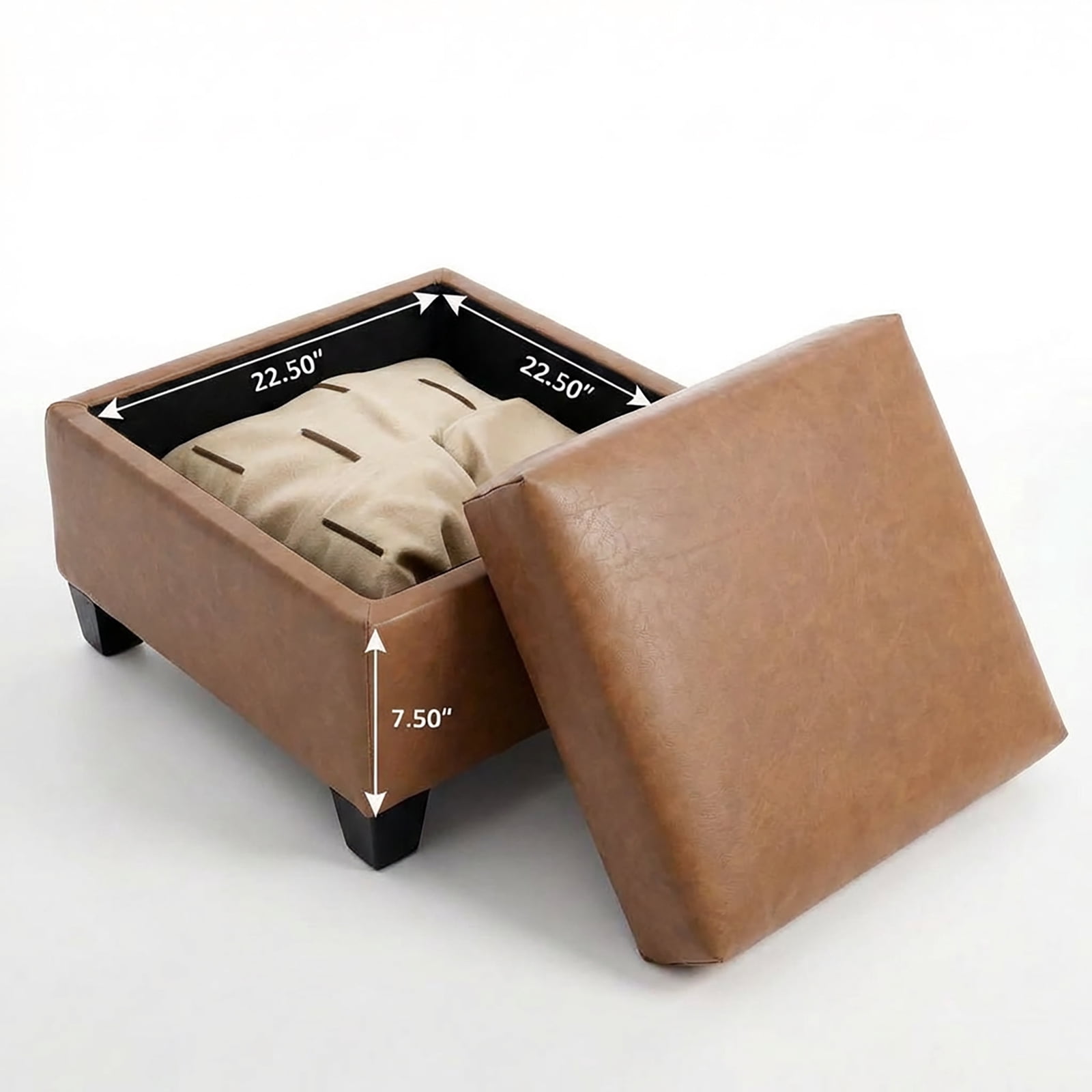25.5'' Vegan Leather Square Ottoman with Storage Function - Brown