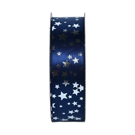 Gwen Studios 7/8" Silver Stars on Navy Satin Ribbon, 3 yards