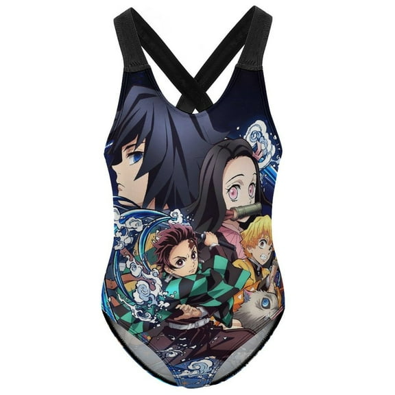 Demon Slayer Swimwear Kids' One-Piece Swimsuit Quick-Dry Cute Printed Girls' Swimwear Bathing Suit for Beach & Pool 6-7Y(110cm)