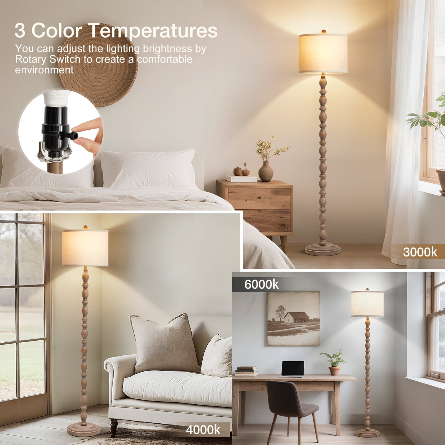 NATYSWAN 62" Floor Lamp for Living Room,Retro Farmhouse Resin Tall Standing Lamp with 3 Color Temperatures for Bedroom, Office