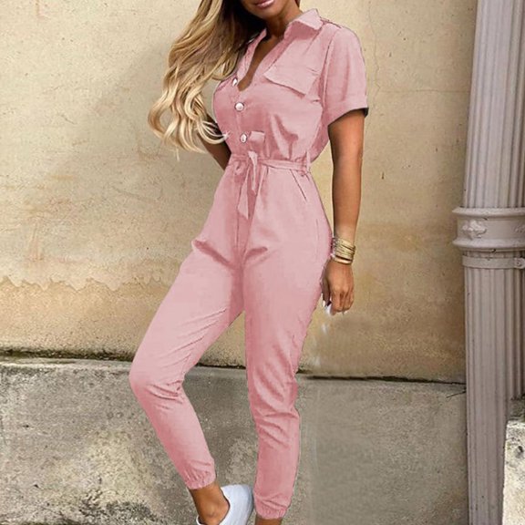 AOOCHASLIY 2023 Women's Pants Women Fashion Solid Color Casual Lapel Belt Short Sleeve Overalls