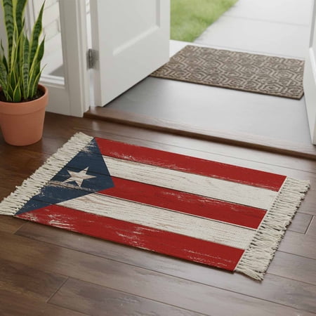 Kitchen Runner Rugs, Retro Puerto Rico Flag 2'x3' Throw Rug with Tassels, Rustic Wooden Texture Washable Soft Floor Carpet Runner for Hallway Bedroom Bathroom Laundry Room