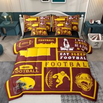 Homewish Football Sports Athlete Bedding Comforter Set 7pcs for Kids, Maroon Gold Cartoon Patchwork Queen Bedding Sets, Rugby Soccer Lover Reversible Queen Sheet Sets, Lightweight Room Decor