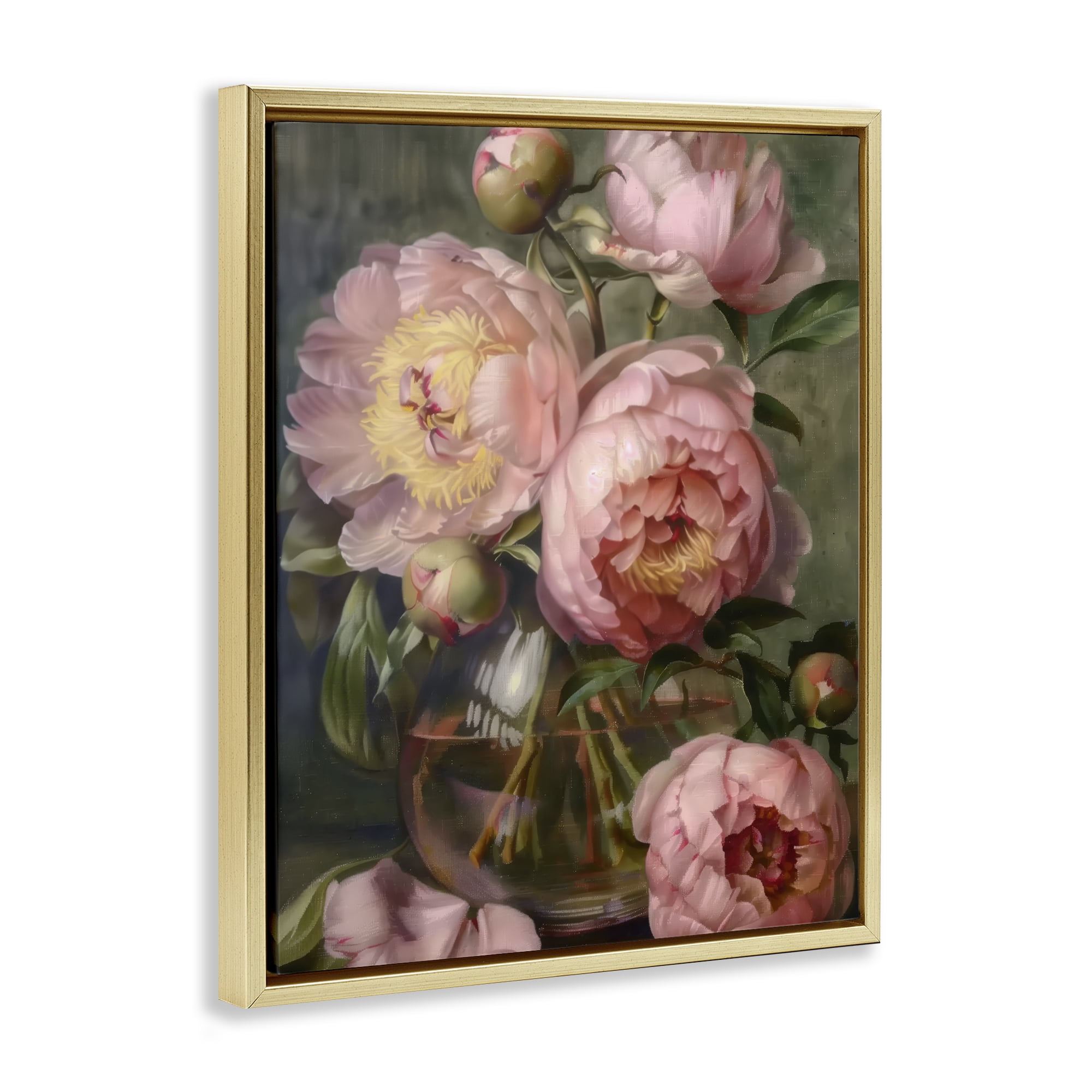 Stupell Industries Pink Peonies in Glass Vase Gold Framed Floater Canvas Wall Art, design by LSR Design Studio