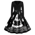thumbnail image 2 of Halloween Dresses for Women Ghost Skeleton V Neck Hepburn 1950s Retro Tea Length Dress Long Sleeve Cocktail Funny Classic Dress with Belt M, 2 of 5