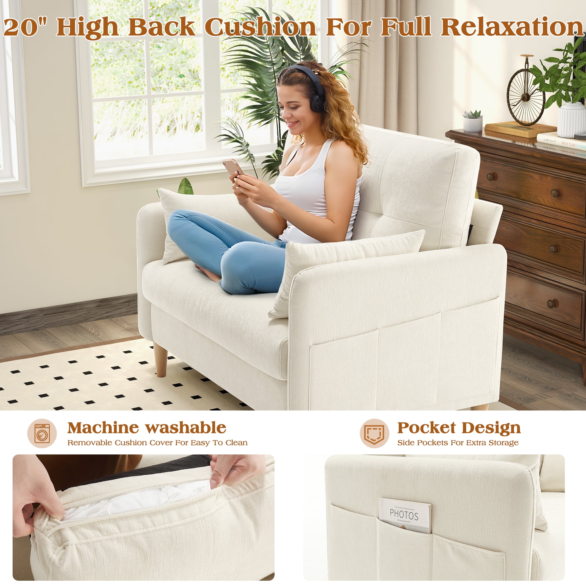 BedLuxury 47'' Wide LoveSeat, 2-seat Chenille sofa with 2 Pillows for Living Room and Small Spaces, Beige