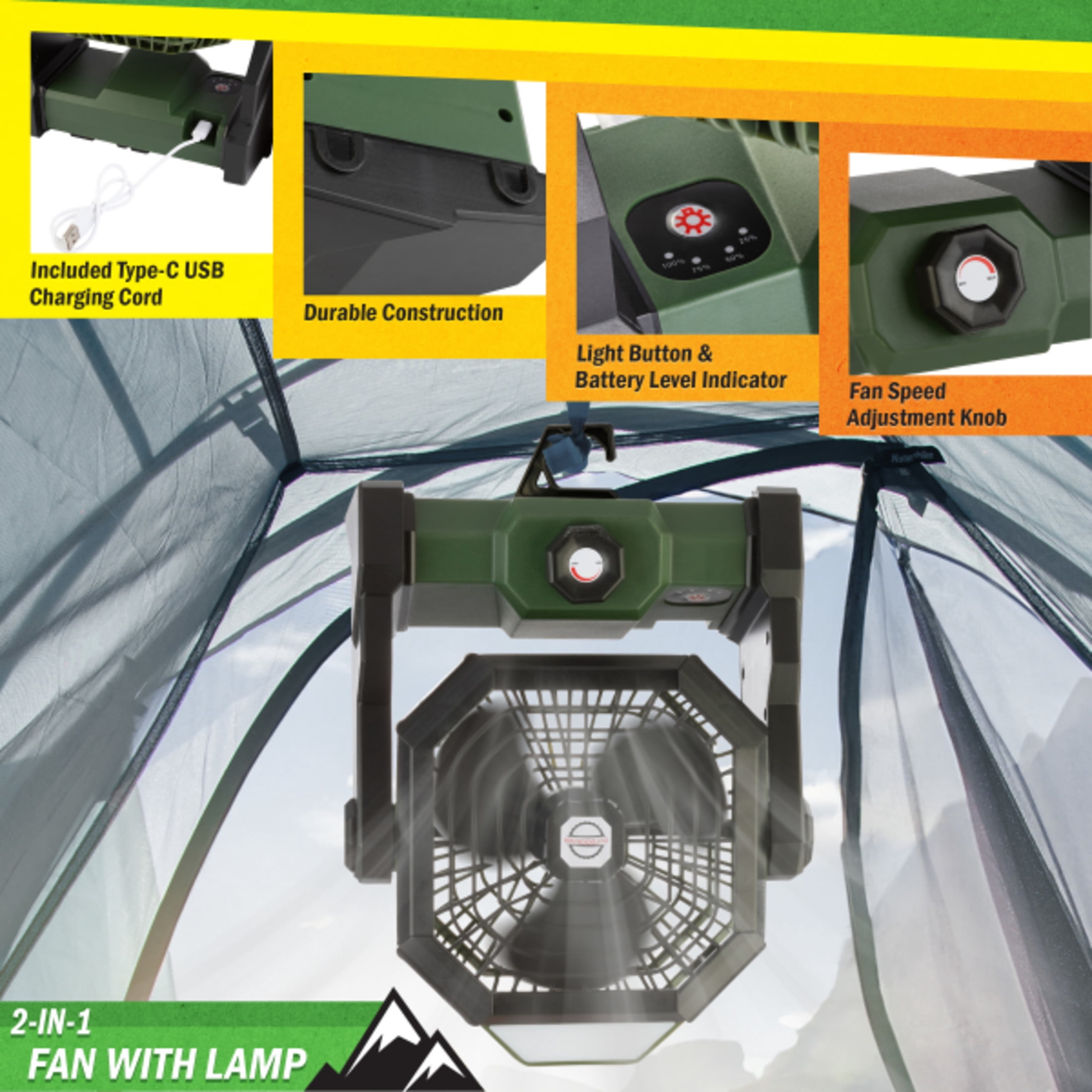 Camping Fan with Tent Light - Rechargeable 5400mAh Lithium Battery Operated Portable Fan - Camping Essentials for Tenting by Wakeman Outdoors (Green)
