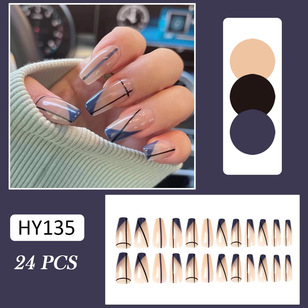 wellpaidentity False Nails with Black Geometric Lines Easy to Apply Easy to Remove  Fake Nails for Experienced People to Train Nail Art Skills Glue Models -  