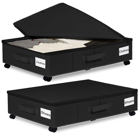 Under Bed Storage with Wheels 2 Pack Under Bed Storage Containers with Label Holders for Clothes Shoes and Blankets Rolling Underbed Shoe Organizer with Cover