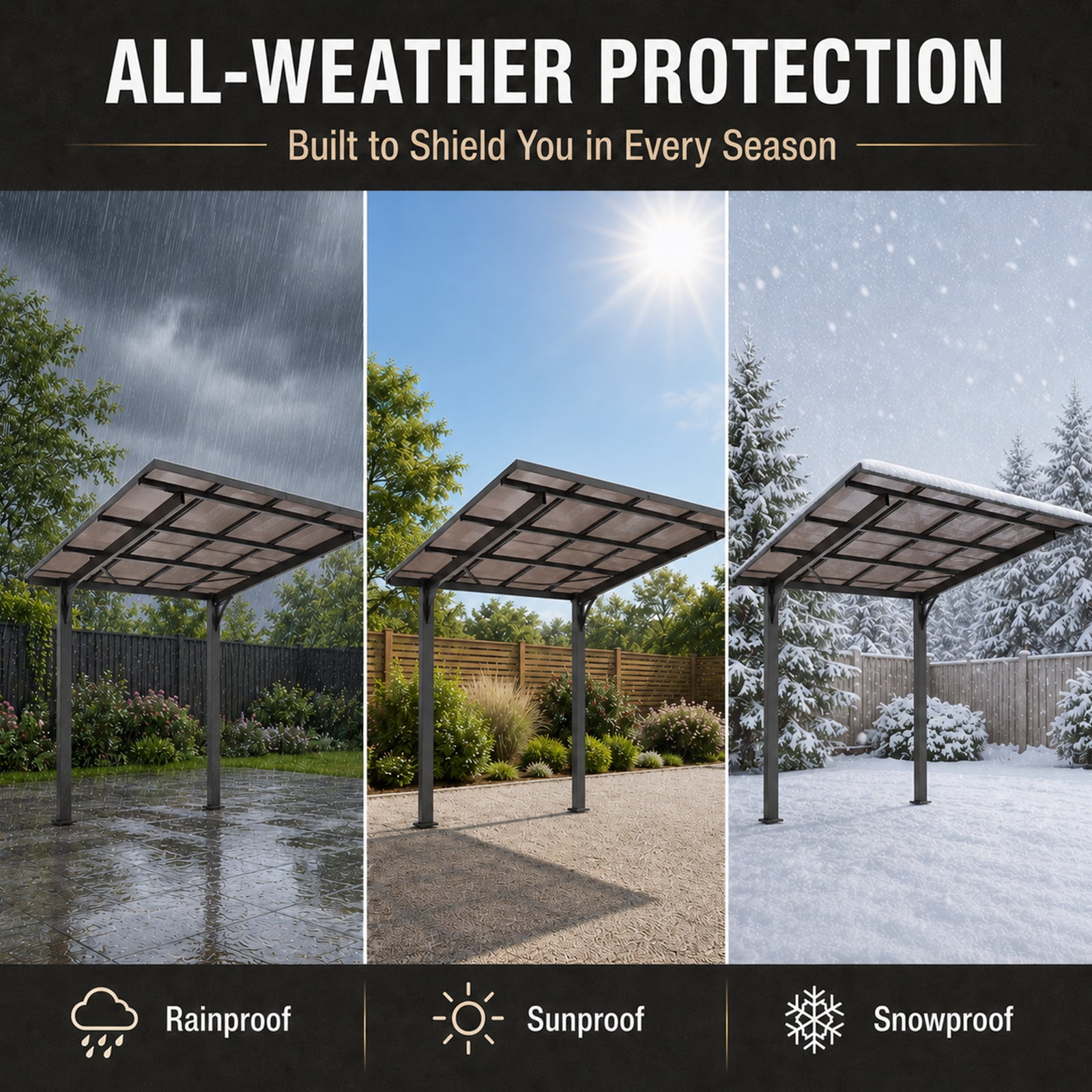 Mintazer 8x8ft Outdoor Wall-Mounted Patio Canopy, Heavy Duty Metal Awning with PC Roof, Freestanding Sun Shelter for Backyard, Bike, Grill & Patio Seating