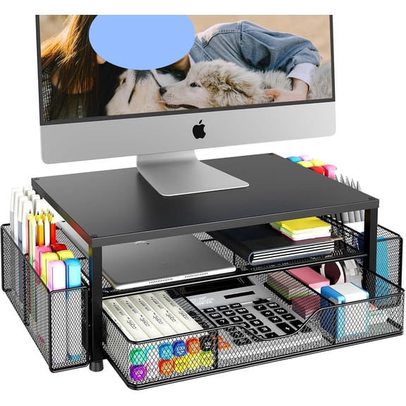 Desk Organizer and Accessories, 2-Tier Computer Monitor Stand Riser with Drawer and 2 Pen Holders, Laptop Stand, Office Desk Accessories for Office Supplies, Black