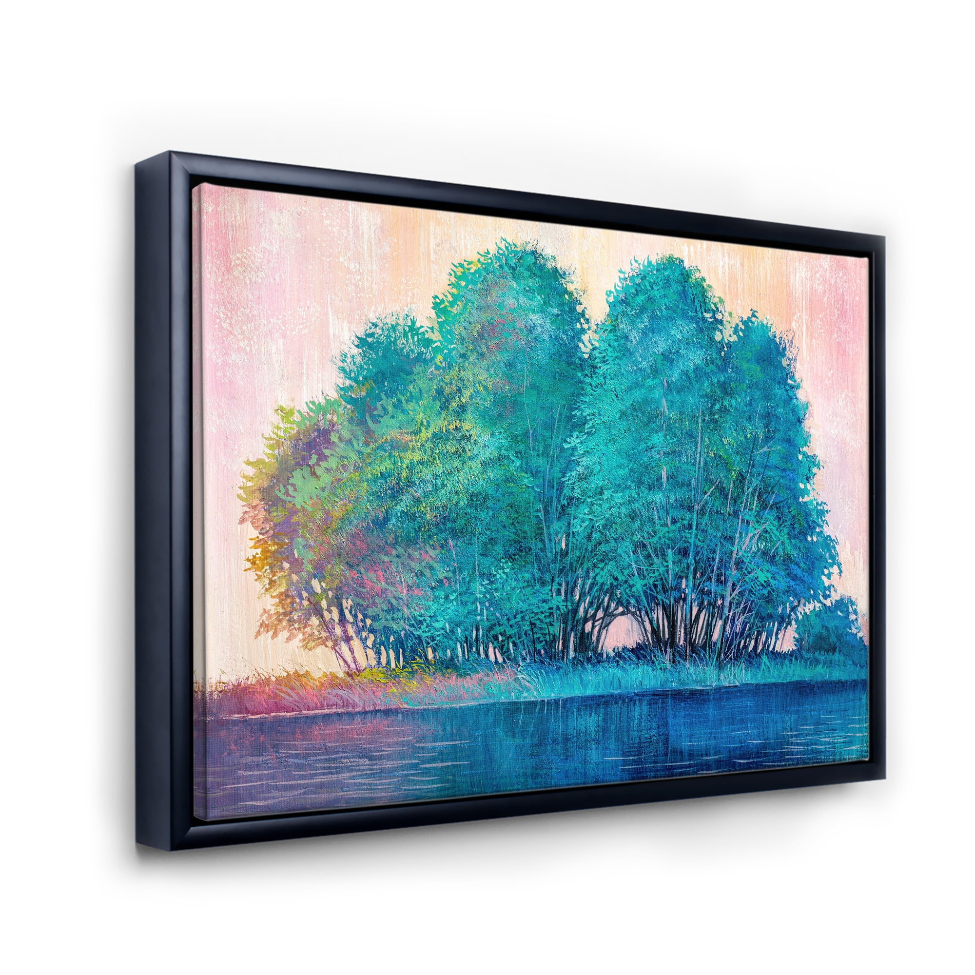 Designart 'Blue Coloured Tree Impression By Lakeside' Lake House Framed Canvas Wall Art Print