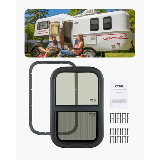 VEVOR Vertical RV Window 14" W x 22" H Tinted Sliding RV Window & Net Screen Trim Ring