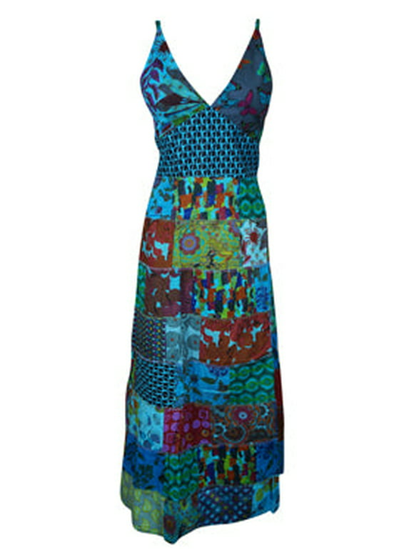 Mogul Womens Patchwork Maxi Festival Dress Blue Printed Long Dresses S/M