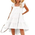 thumbnail image 3 of Women Summer Ruffled Sleeve Dress  Contrast Color/Solid Color Square Neck Irregular Hem Dress for Beach  Date, 3 of 6