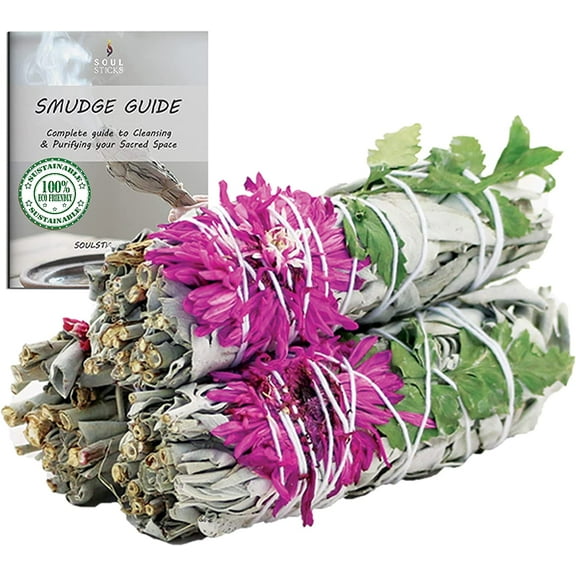 Soul Sticks 3 Pack Floral White Sage Smudge Sticks with Smudging Guide | DAHLIA | Smudging Sticks with Flowers for Positive Vibrations