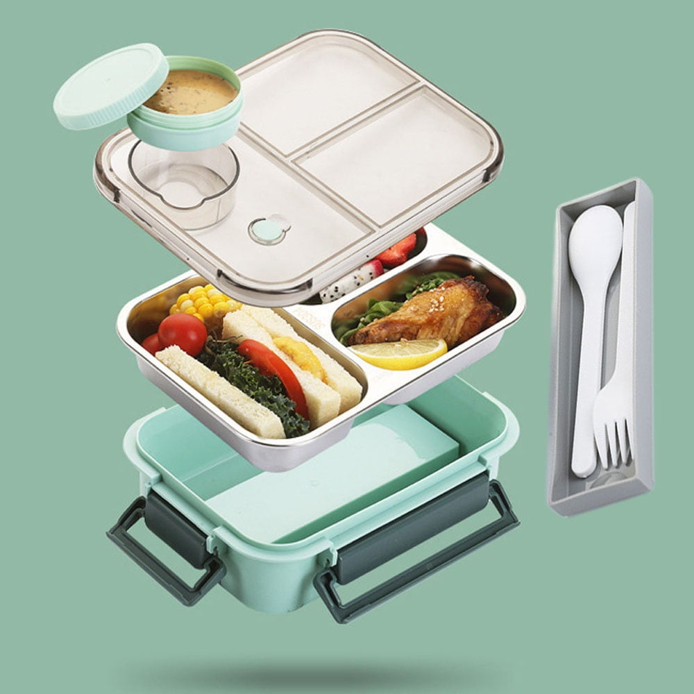 Aiteng Lunch Box with Tableware, Stainless Steel Bento Box Adult, Leakproof Portable Lunch Box Containers with 3-Compartments, Blue