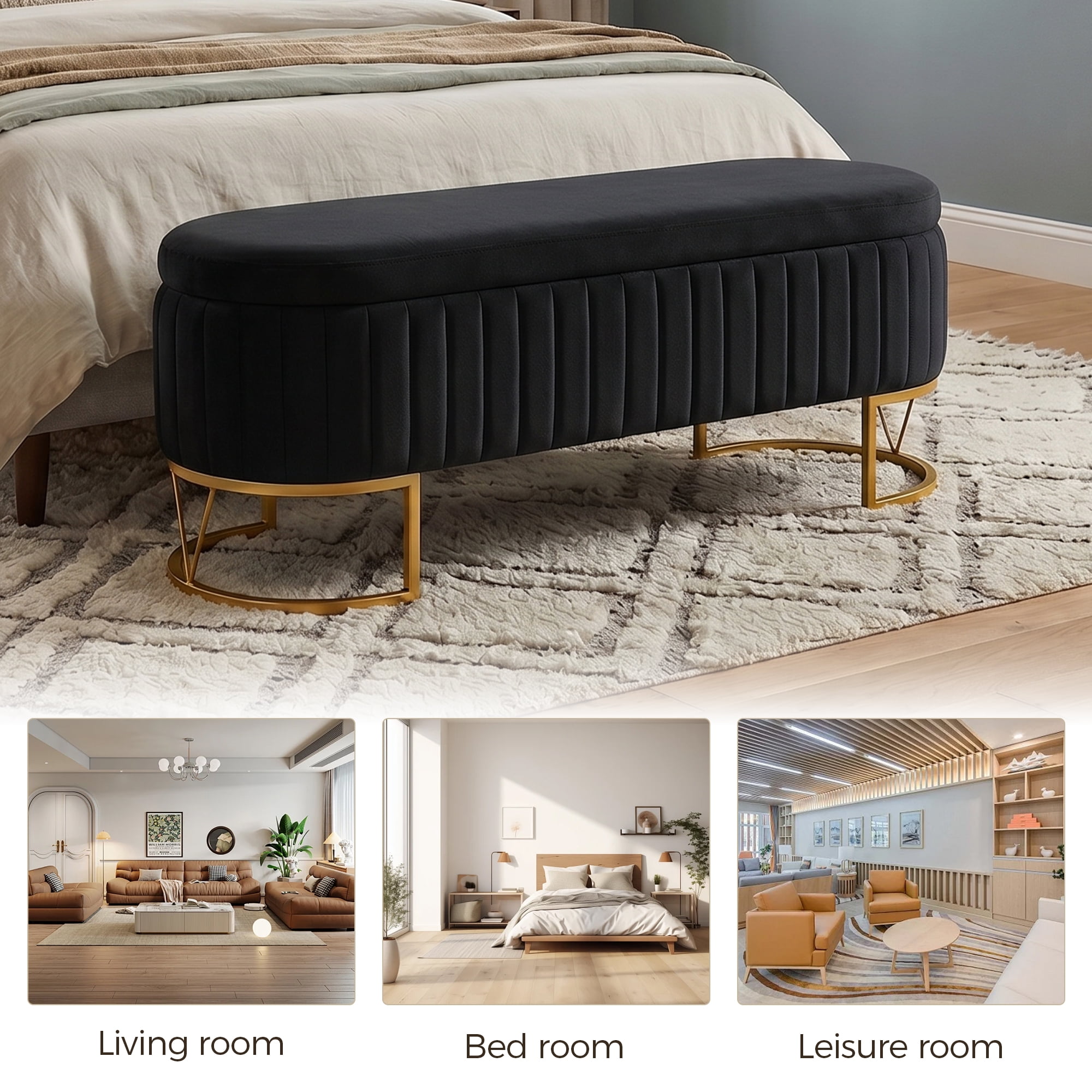 Storage Bench Bedroom Bench, Velvet Oval Upholstered End of Bed Bench with Golden Metal Legs, Modern Storage Ottoman Bench for Bedroom, Living Room, Entryway,Window,Black