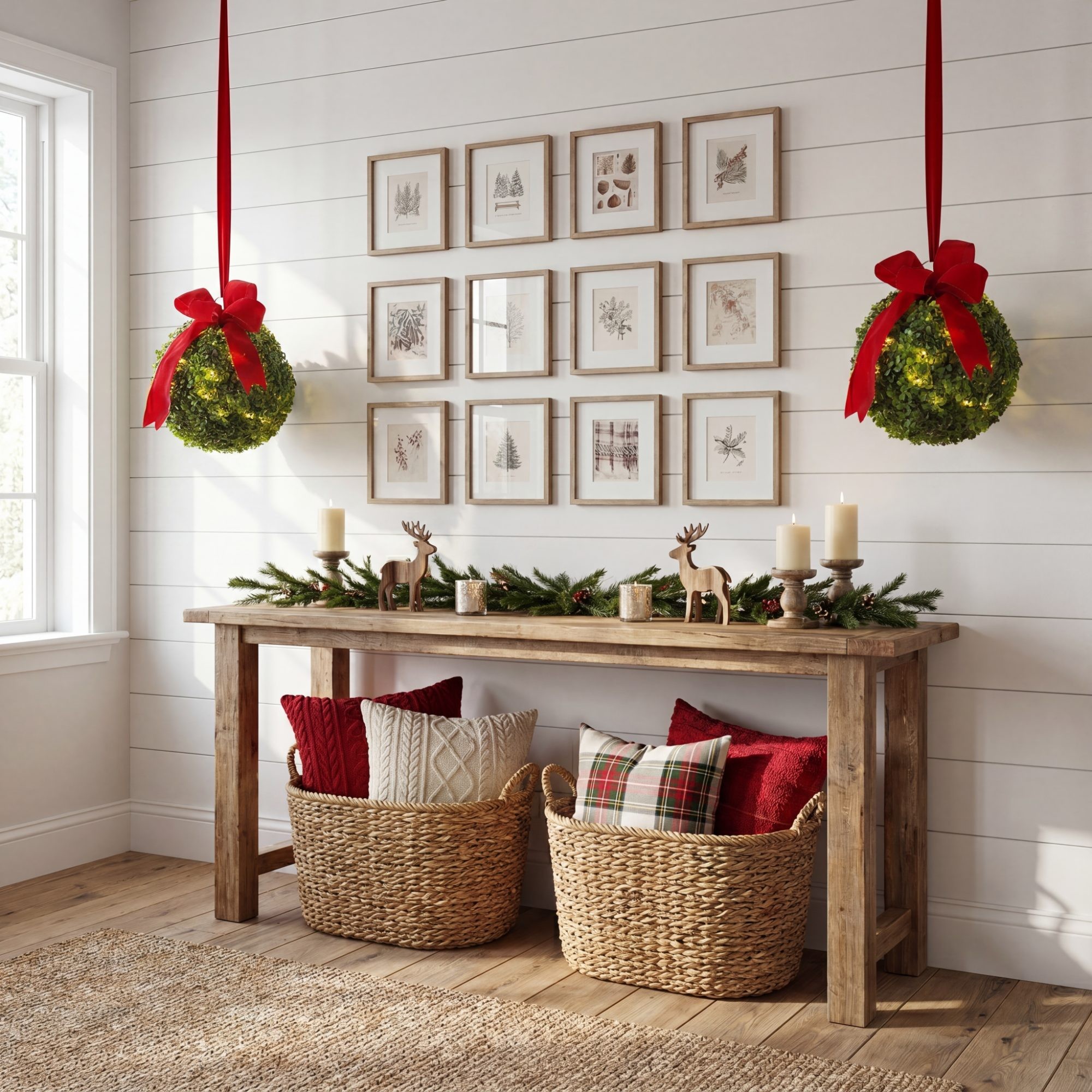 12in. Pre-Lit Artificial Christmas Hanging Boxwood Ornament Ball with Red Bow and 40 LED Lights