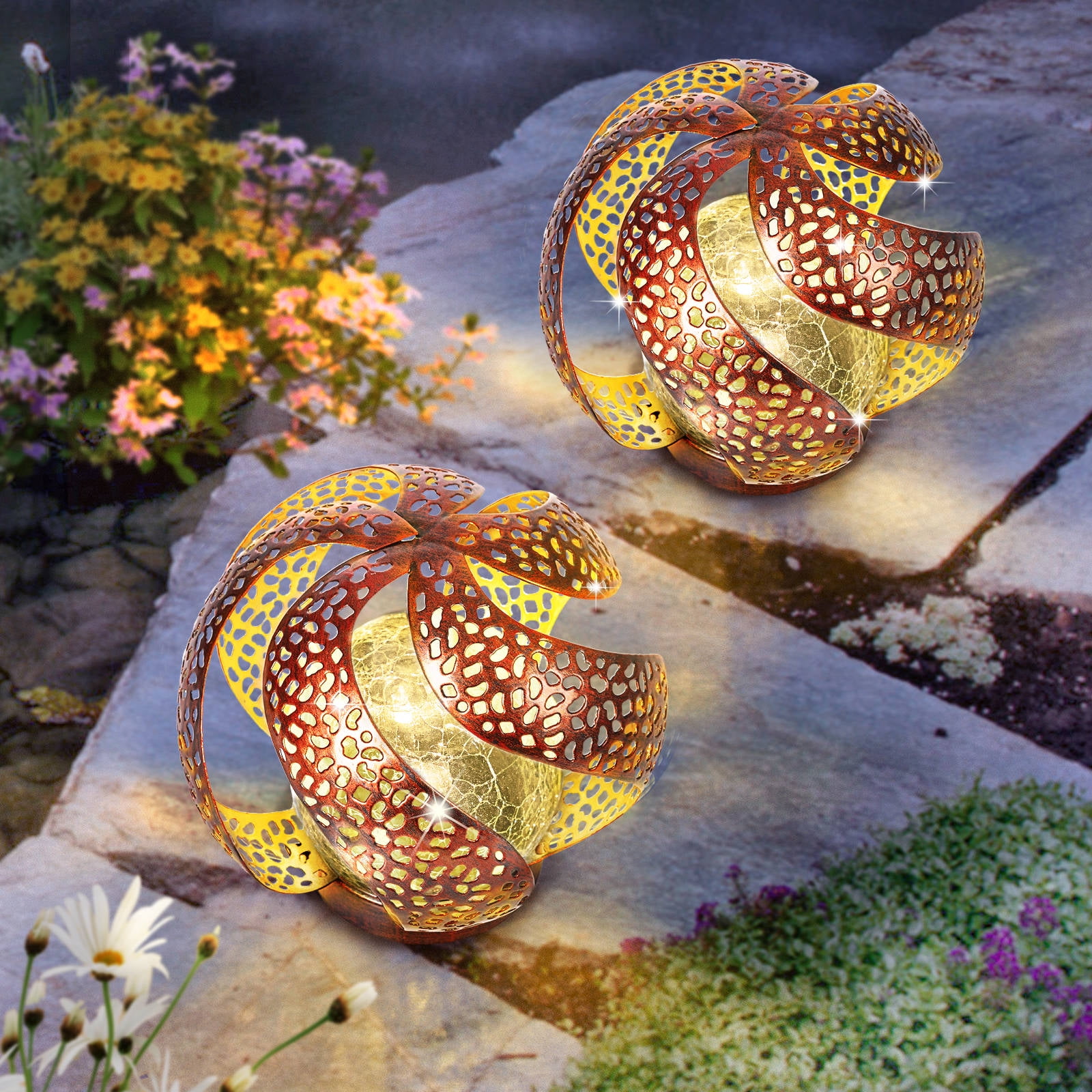 Waitmin Solar Lights Outdoor Garden Decor, Copper Metal Decorative with Crackle Glass Globe, Waterproof LED Lights