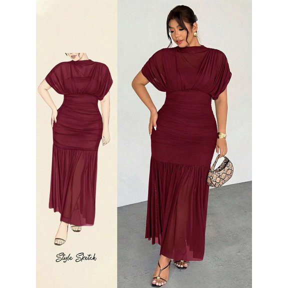 Red Violet Plus Size Elegant Sheer Mesh Ruched Maxi Dress With Cowl Neck And Puff Sleeves