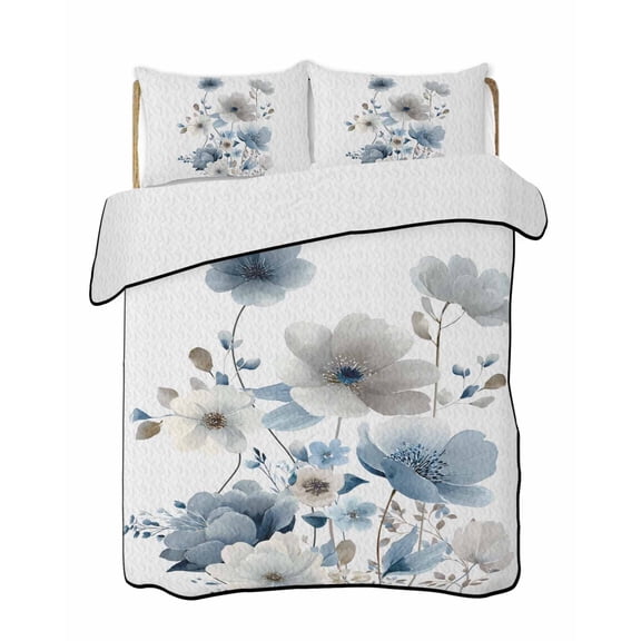 Quilts Full Size Bedding Set, Blue Grey Floral Lightweight Quilted Comforter, Watercolor Flowers Farmhouse Soft Reversible Bedspread Coverlet with Pillow Covers for All Season, 78" x 90"