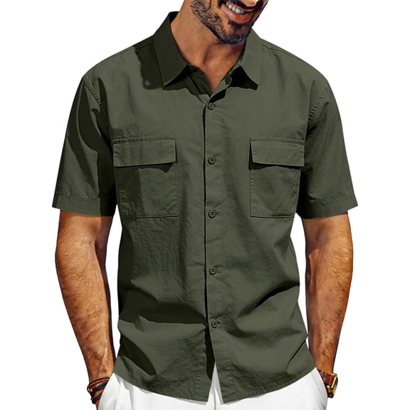 Men's Linen Short Sleeve Button Down Shirt, Casual Lapel Collar Double Chest Pockets Summer Beach Work Shirts for Men, S-3XL
