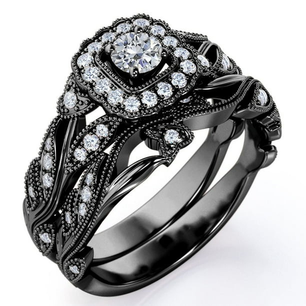 JeenMata Anillo de Filigrana de Diamantes Eduardianos con Diamantes Redondos Estilo Art Déco, Anillo de Bodas Engastado en Oro Negro de 10 K
