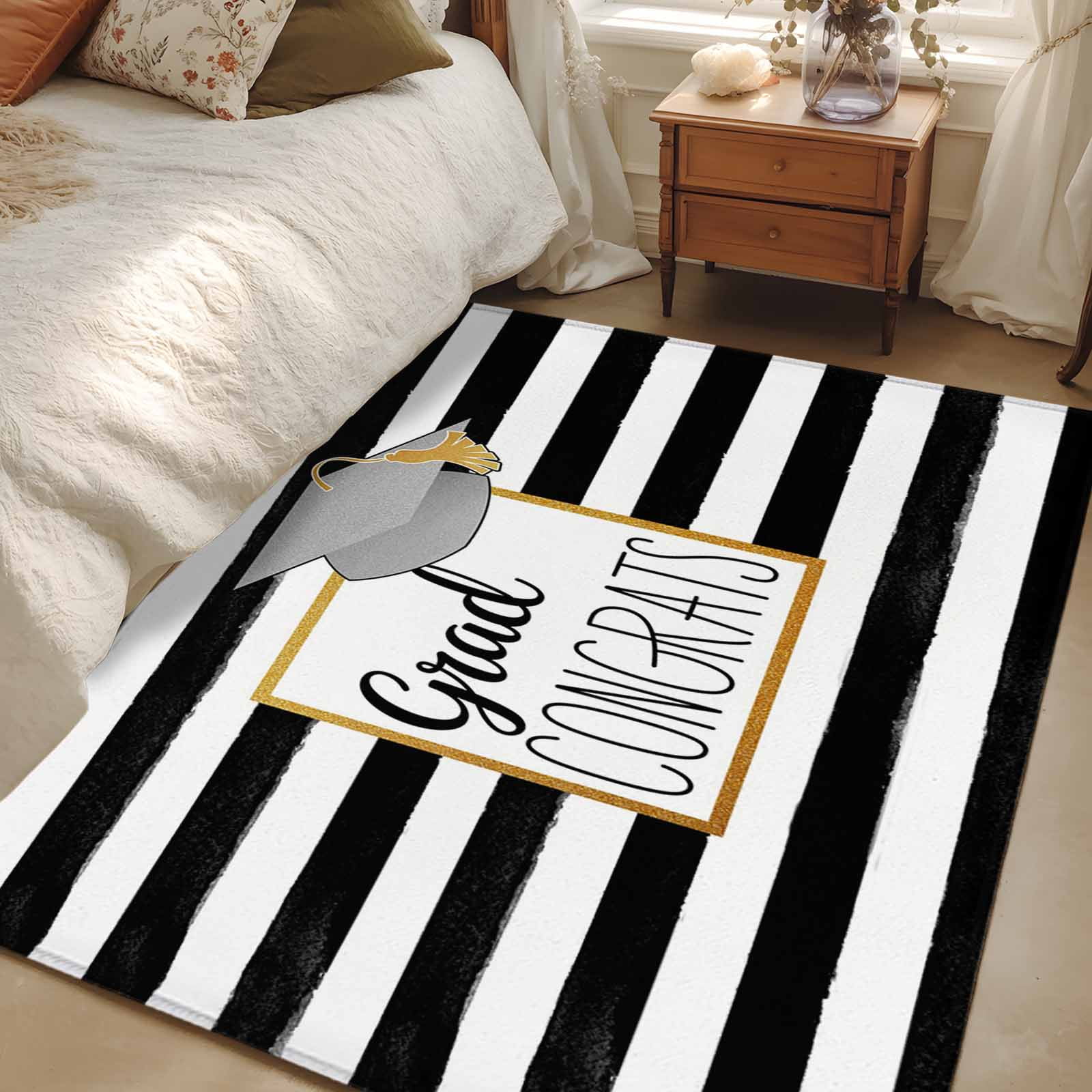 Rectangle Area Rug 4x6ft, Graduation Hat Golden Lines Border Non-Slip Non-Shedding Floor Mat, Black White Stripe Washable Sturdy Carpet for Living Room Bedroom Home Decor