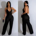 thumbnail image 4 of Mono de una pieza con escote en V profundo y espalda descubierta para mujer, sin mangas, con cordones, pantalones largos de pierna ancha, monos plisados sólidos, 4 of 5