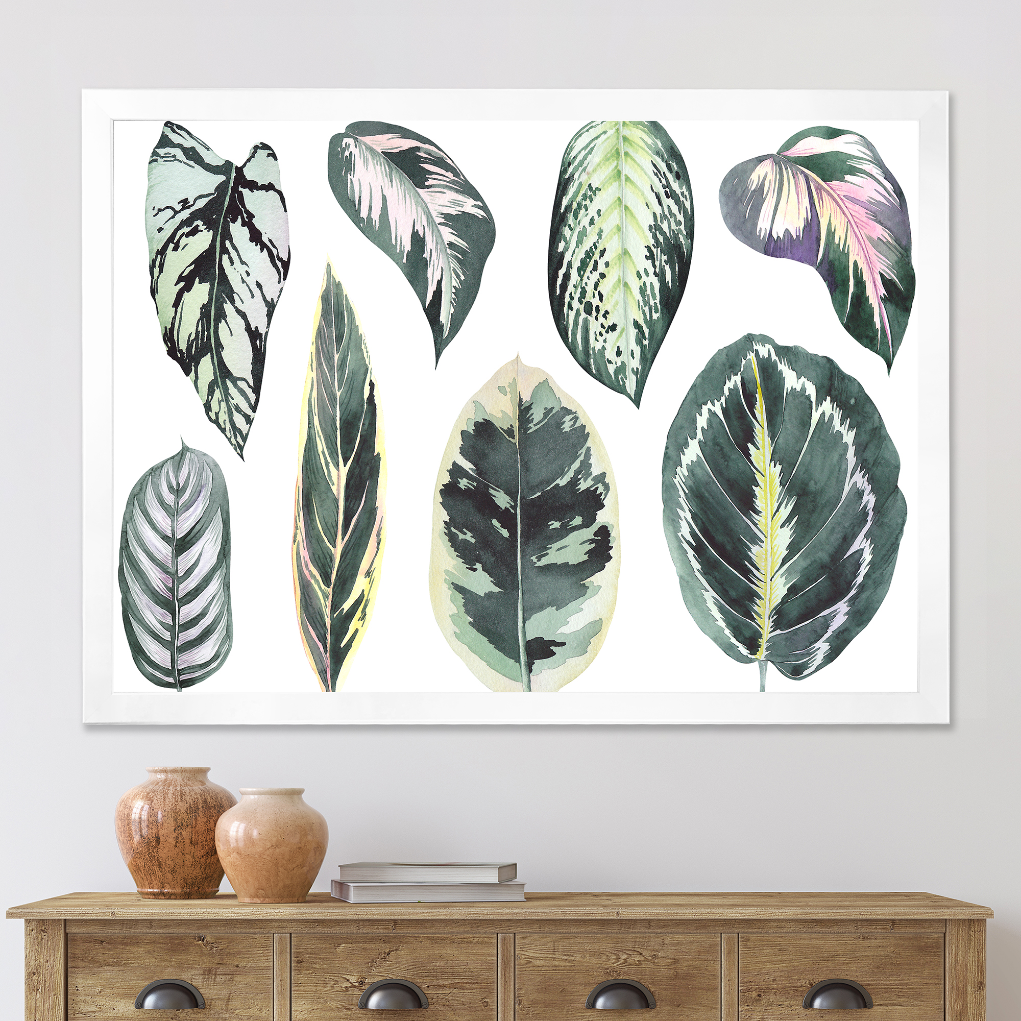 Designart 'Tropical Calathea Leaves On White' Bohemian & Eclectic Framed Art Print