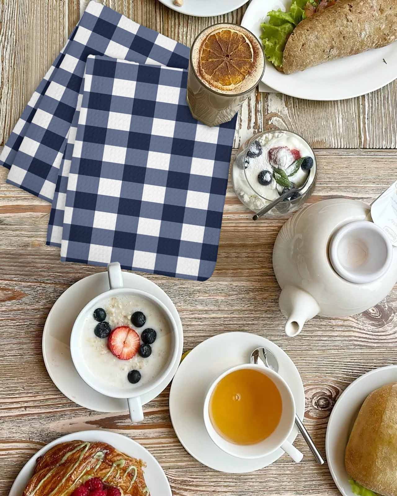 Navy Blue Check Kitchen Dish Towels for Drying Dishes Set of 2, Farmhouse Buffalo Plaid Blue Waffle Weave Microfiber Hand Tea Bathroom Towels Quick Dry & Absorbent Towel 15.7x23.6