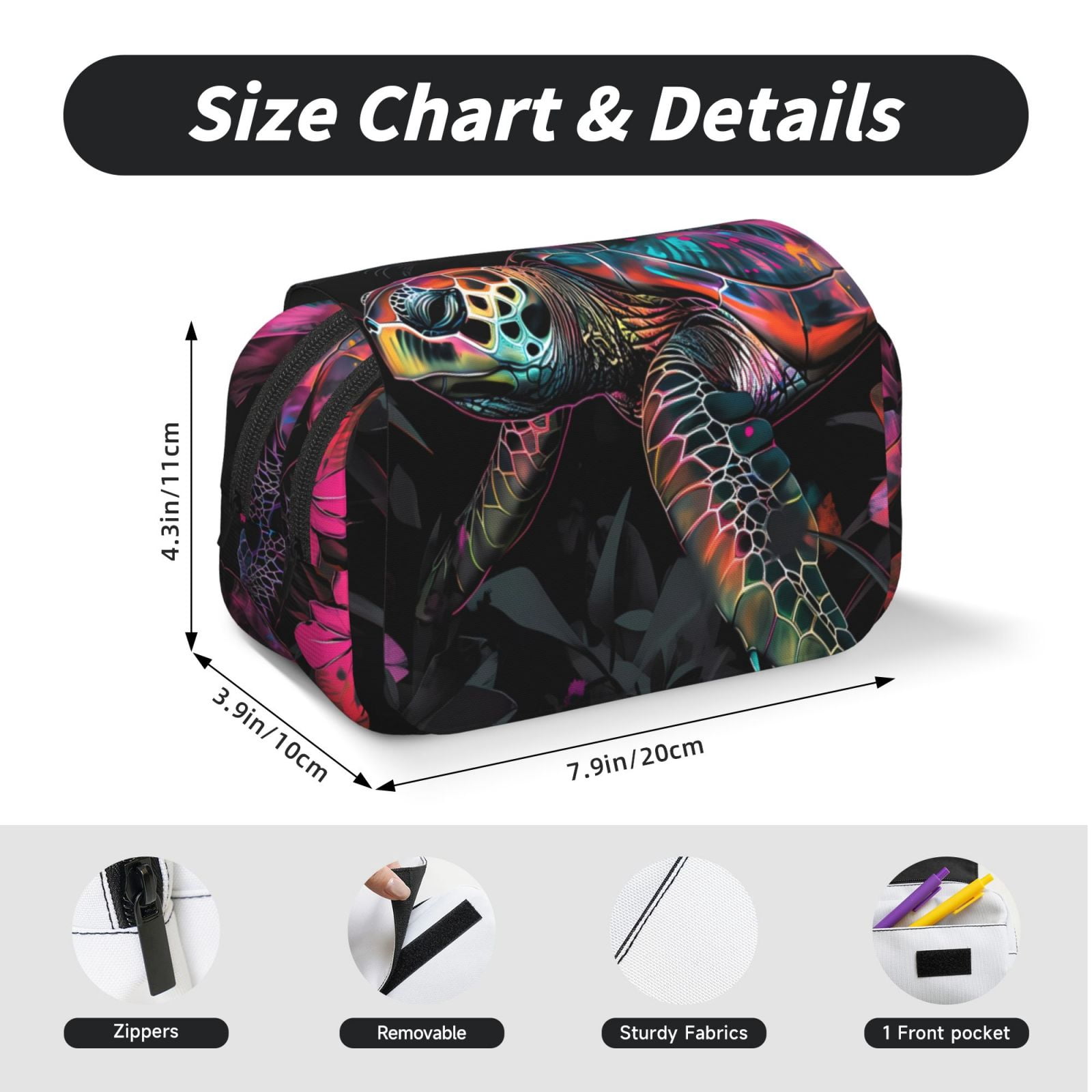 Rateoe Colorful Plant Turtle A Pattern Double Clamshell Pen Case, Storage Organizer with Two Zipper Compartments– Holds Up to 50 Pencils & Pens