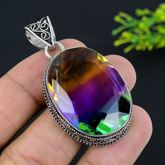 Natural Bi-Color Tourmaline Gemstone 925 Sterling Silver Pendant 2.21"