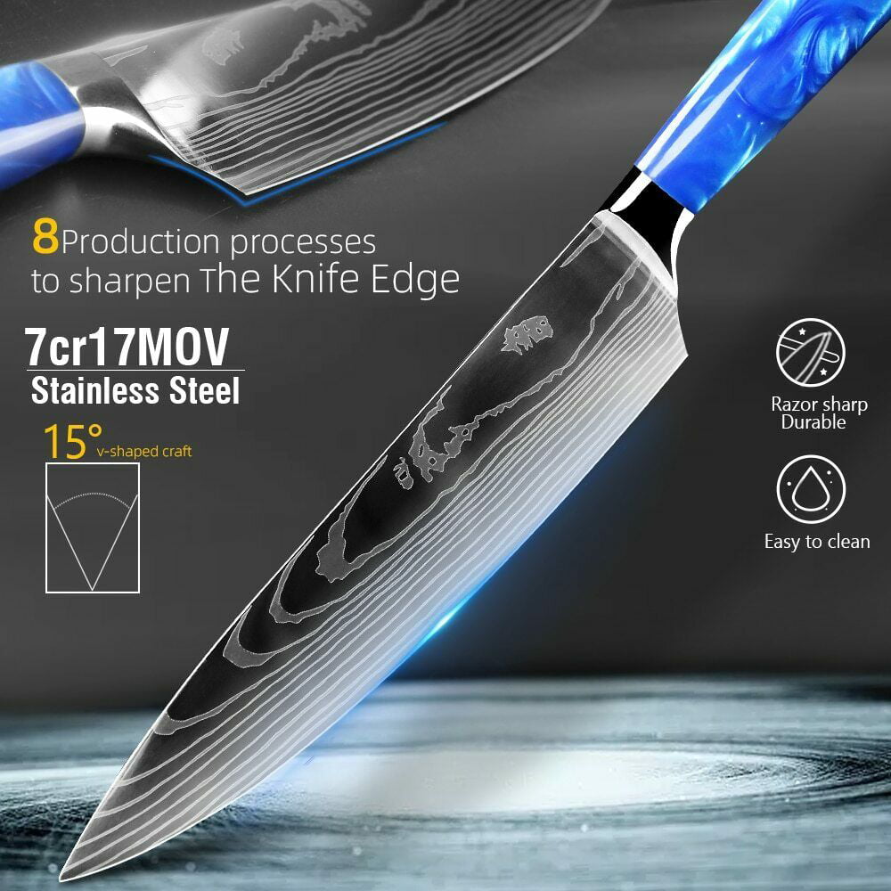 10PCS Kitchen Knives Set,Blue Diamond Knife Set,Stainless Steel Chef Knife  Set,Damascus Pattern,Blue 