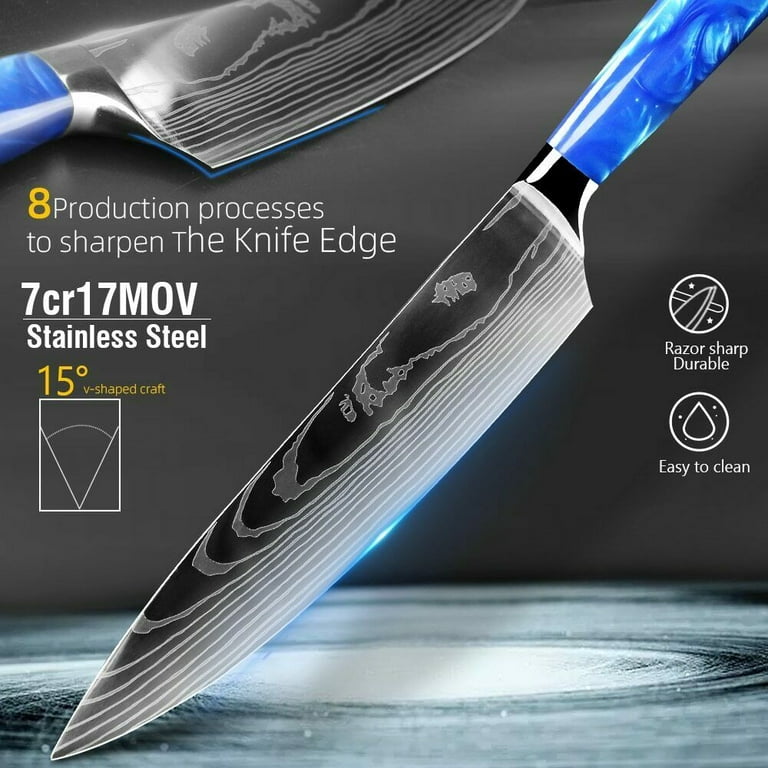 12PCS Kitchen Knives Set,Stainless Steel Blue Diamond Knife Set with Knife  Block and Sharpener,Blue 